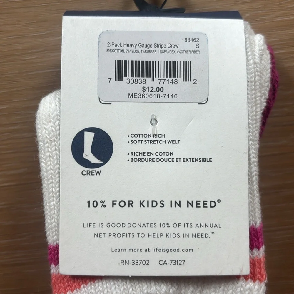 NWT Life is Good Girl's 2 Pair of Heavy Gauge Stripe Crew Socks